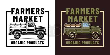 Téléchargez les illustrations : Marché fermier vecteur emblème, insigne, étiquette avec pick-up dans deux styles noir sur blanc et coloré - en licence libre de droit