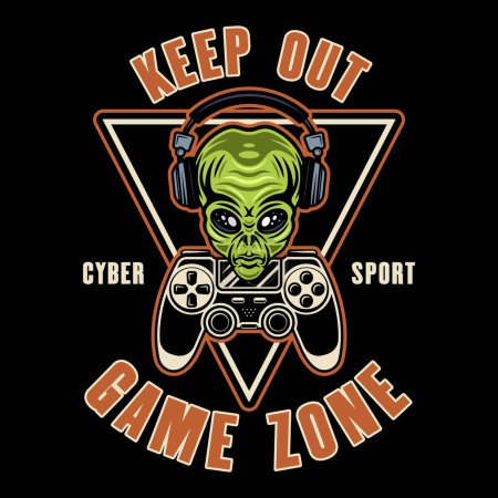 Illustration for Keep out game zone vector sign with alien head in headphones and two gamepads in colored style on black background - Royalty Free Image