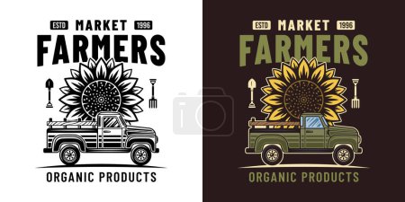 Illustration for Farmers market vector emblem, badge, label with pickup car and sunflower in two styles black on white and colorful - Royalty Free Image