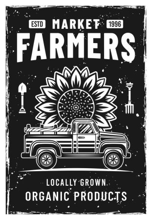Illustration for Farmers market poster in black and white style with pickup car and sunflower. Vector illustration with textures and text on separate layers - Royalty Free Image
