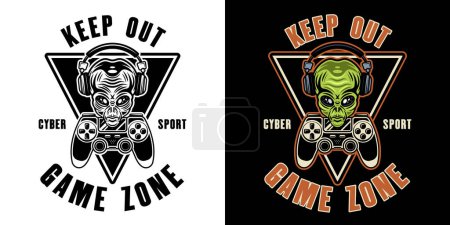 Illustration for Keep out game zone vector sign with alien head in headphones and two gamepads in two styles black on white and colorful - Royalty Free Image