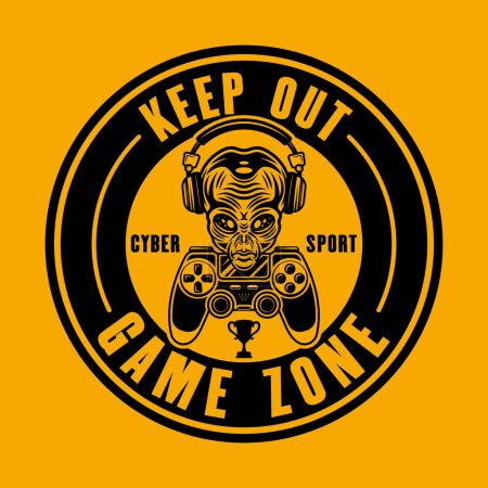Illustration for Keep out game zone vector sign or sticker with alien head in headphones and two gamepads illustration on yellow background - Royalty Free Image