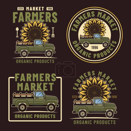 Ilustración de Los agricultores mercado conjunto de emblemas vectoriales, insignias, etiquetas con coche pickup y girasol en estilo colorido sobre fondo oscuro - Imagen libre de derechos