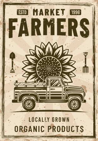 Illustration for Farmers market poster in vintage colored style with pickup car and sunflower. Vector illustration with textures and text on separate layers - Royalty Free Image