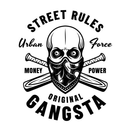 Illustration for Gangster vector emblem in monochrome style with skull bandana on face and crossed baseball bats. Illustration isolated on white - Royalty Free Image