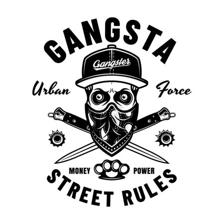 Illustration for Gangster vector emblem in monochrome style with skull in cap and bandana on face and crossed fight knives. Illustration isolated on white - Royalty Free Image