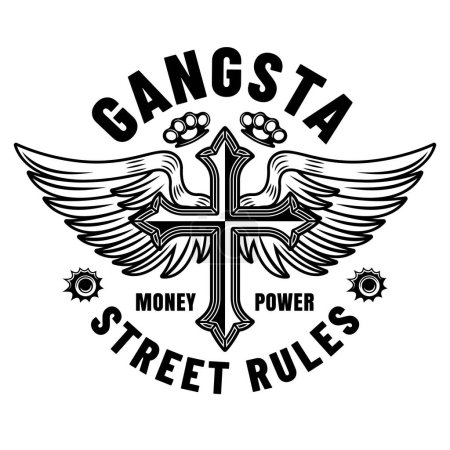 Illustration for Gangster vector monochrome emblem with cross and angel wings tattoo style. Illustration isolated on white background - Royalty Free Image