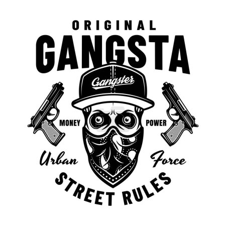 Illustration for Gangster vector emblem in monochrome style with skull in cap and bandana on face and two guns. Illustration isolated on white - Royalty Free Image