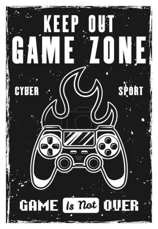 Illustration for Gamepad and fire vector poster for gaming club or tournament event in black and white style. Illustration with removable textures - Royalty Free Image