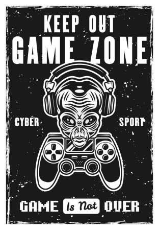 Gamer alien head in headphones and gamepad vector poster for gaming club or tournament event in black and white style. Illustration with removable textures