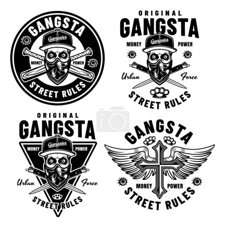 Gangsta conjunto de emblemas criminales vectoriales, etiquetas, insignias o impresiones en estilo monocromo. Ilustración sobre blanco