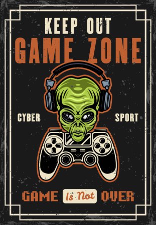 Gamer alien head in headphones and gamepad vector poster for gaming club or tournament event in colored style. Illustration with removable textures