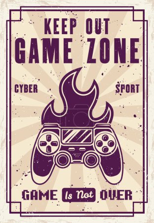 Illustration for Gamepad and fire vector poster for gaming club or tournament event in vintage style. Illustration with removable textures - Royalty Free Image