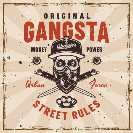Illustration for Gangster vector emblem in vintage style with skull in cap and bandana on face and crossed fight knives. Illustration on background with removable textures - Royalty Free Image