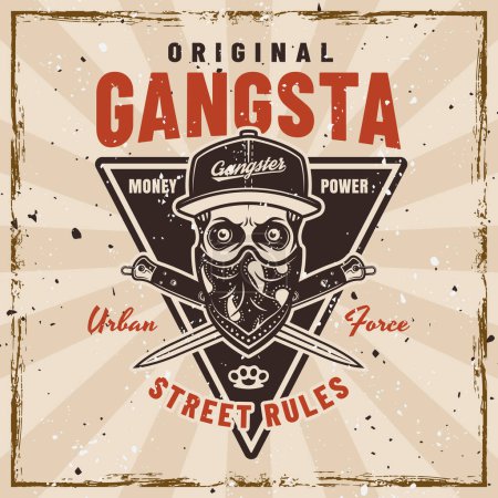 Gangster vector emblem in vintage style with skull in cap and bandana on face and crossed fight knives. Illustration on background with removable textures