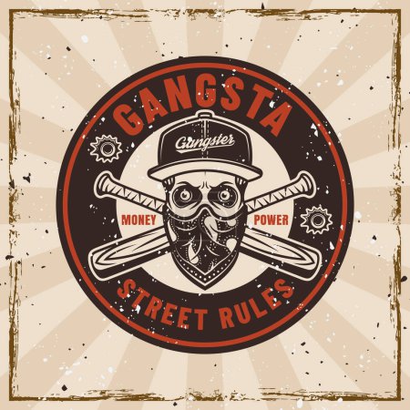 Illustration for Gangster vector emblem in vintage style with skull in cap and bandana on face and crossed baseball bats. Illustration on background with removable textures - Royalty Free Image