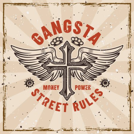 Illustration for Gangster vector vintage emblem with cross and angel wings tattoo style. Illustration on background with removable grunge textures - Royalty Free Image
