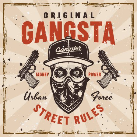 Illustration for Gangster vector emblem in vintage style with skull in cap and bandana on face and and two guns. Illustration on background with removable textures - Royalty Free Image