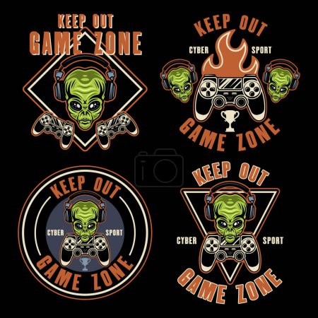 Illustration for Keep out game zone set of vector emblems, signs or stickers with alien head in headphones and gamepad in colorful style on dark background - Royalty Free Image