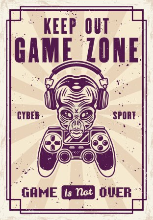 Gamer alien head in headphones and gamepad vector poster for gaming club or tournament event in vintage style. Illustration with removable textures