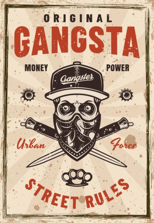 Ilustración de Cartel vectorial Gangsta en estilo vintage con cráneo en capuchón y bandana en la cara. Ilustración sobre fondo con texturas sobre capas separadas - Imagen libre de derechos