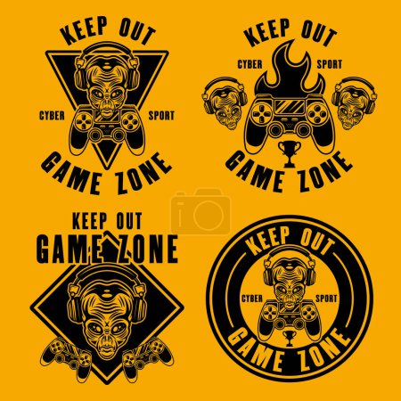Illustration for Keep out game zone set of vector emblems, signs or stickers with alien head in headphones and gamepad illustration on yellow background - Royalty Free Image