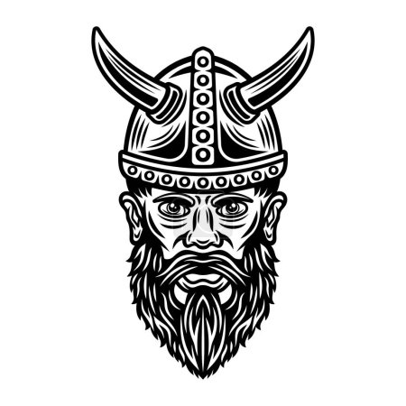 Téléchargez les illustrations : Tête viking en casque à cornes illustration vectorielle de caractère dans un style monochrome vintage isolé sur blanc - en licence libre de droit