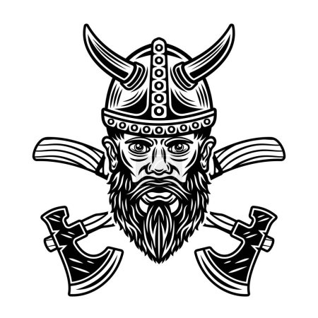 Viking head and two crossed axes vector character illustration in vintage monochrome style isolated on white