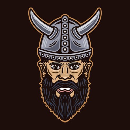 Téléchargez les illustrations : Tête viking en casque à cornes illustration vectorielle de caractère dans un style vintage monochrome sur fond sombre - en licence libre de droit