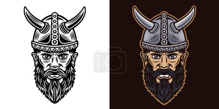 Téléchargez les illustrations : Tête viking en casque à cornes deux styles noir sur blanc et coloré sur fond sombre illustration vectorielle - en licence libre de droit