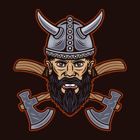 Illustration for Viking head and two crossed axes vector character illustration in monochrome vintage style on white - Royalty Free Image