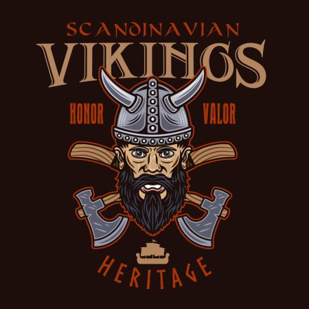 Illustration for Viking head and crossed axes vector emblem, label, badge, logo or print in colored style on dark background - Royalty Free Image