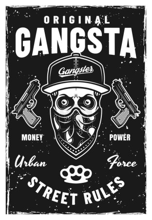 Illustration for Gangsta vector poster in vintage style with skull in cap and bandana on face. Illustration in black and white style with textures on separate layers - Royalty Free Image