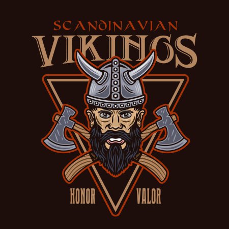 Viking head and crossed axes vector emblem, label, badge or print in colored style on dark background