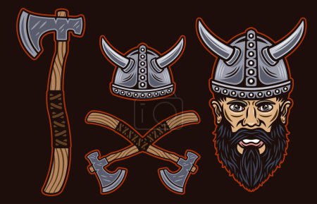 Téléchargez les illustrations : Ensemble Viking d'objets vectoriels ou d'éléments de design dans un style coloré sur fond sombre - en licence libre de droit