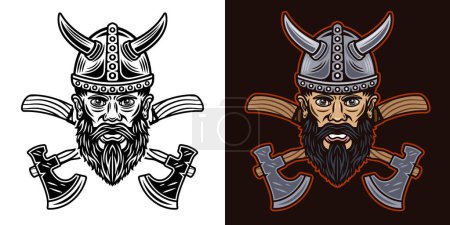 Téléchargez les illustrations : Tête viking et deux axes croisés illustration vectorielle en deux styles noir sur blanc et coloré sur foncé - en licence libre de droit