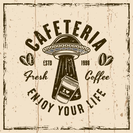 Illustration for Cafeteria vector emblem, logo, badge or label with ufo stealing coffee paper cup in vintage style on background with textures - Royalty Free Image