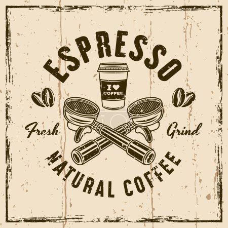 Espresso Kaffee Vektor Emblem, Logo, Abzeichen oder Etikett mit Portafiltern. Illustration zum Hintergrund mit Grunge-Texturen