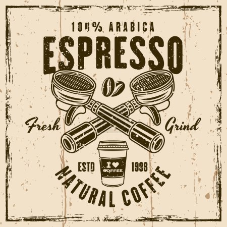 Espresso emblema de vectores de café, logotipo, insignia o etiqueta con portafilters. Ilustración sobre fondo con texturas grunge