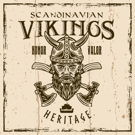 Illustration for Viking head and crossed axes vector vintage emblem, label, badge or print illustration on background with textures - Royalty Free Image
