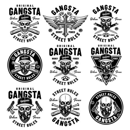Téléchargez les illustrations : Ensemble Gangsta d'emblèmes criminels vectoriels, d'étiquettes, d'insignes ou d'imprimés de style monochrome. Illustration sur blanc - en licence libre de droit