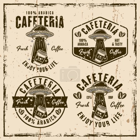 Illustration for Cafeteria set of vector emblems, logos, badges or labels with ufo stealing coffee paper cup. Illustration on background with textures - Royalty Free Image