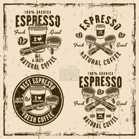 Espresso-Kaffee-Set mit Vektoremblemen, Logos, Abzeichen oder Etiketten. Llustration auf Hintergrund mit Grunge-Texturen