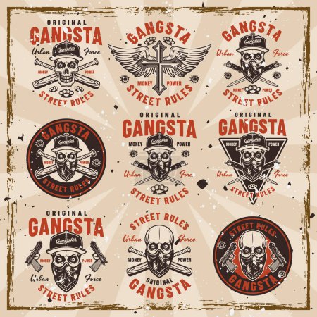 Illustration for Gangsta set of vector criminal emblems, labels, badges or prints in vintage style. Illustration on background with removable textures - Royalty Free Image