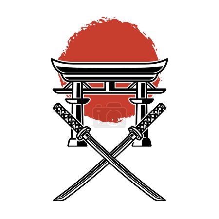 Ilustración de Ilustración de impresión vectorial de estilo japonés con puerta torii, dos espadas katana cruzadas y sol rojo sobre fondo blanco - Imagen libre de derechos