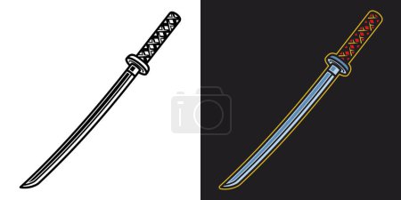 Ilustración de Katana espada vector objeto o elemento en dos estilos negro sobre blanco y colorido sobre fondo oscuro - Imagen libre de derechos