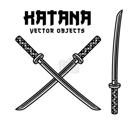 Katana-Schwert Set von Vektorobjekten oder Elementen im schwarzen Vintage-Stil isoliert auf weißem Hintergrund