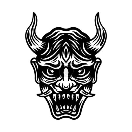Ilustración de Máscara Oni con cuernos vector ilustración en estilo monocromo aislado en blanco - Imagen libre de derechos