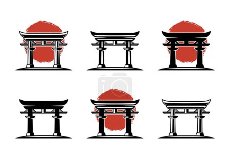Téléchargez les illustrations : Portail torii japonais ensemble de six différentes icônes vectorielles de variation ou symboles isolés sur blanc - en licence libre de droit