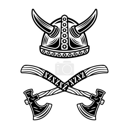 Téléchargez les illustrations : Casque Viking et deux axes croisés illustration vectorielle dans un style monochrome vintage isolé sur blanc - en licence libre de droit